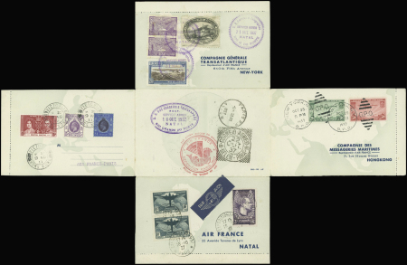16.10.1937 Paris - Natal 6 New York - Hong Kong - Paris par Air France, carte-lettre dépliante AFF n°321, 10F Atlantique en paire + n°338 (Muller n°416). Beaucoup plus rare que les plis AFF avec le Pont du Gard. TB
