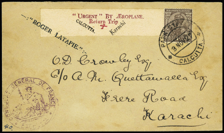 3.11.1927 Calcutta - Karachi par aéroplane Roger Latapie (retour du raid Paris-Saïgon) - 55 plis transportés (M55 Inde britannique). Rare et TB