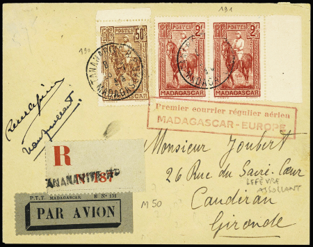 Madagascar n°190 + 191 en paire sur lettre recommandée pour Caudéran (Gironde) avec cachet rect rouge "premier courrier régulier aérien Madagascar - Europe" (Muller n°50) avec signatures de Lefèvre et Assollant