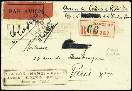 21-24.1.1932 Hanoï - Paris par Codos et Robida, lettre recommandée avec cachet rect noir "Liaison Hanoï - Paris avion Codos - Robida Janvier 1932" et signatures de Codos et Robida (M76 Indochine). Rare et TB