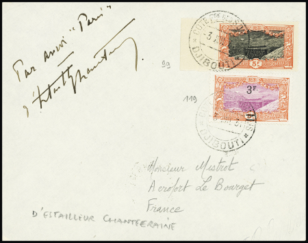 3.7.1931 Djibouti - Paris (étapes du raid Paris - Le Cap) avec mention manuscrite "par avion Paris" et signature du pilote D'Estailleur Chantereine. Rare et TB