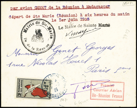 1.6.35 Sainte Marie Tananarive (M4 Réunion) lettre avec petit cachet rect "Premier courrier aérien Ile Réunion France" et au verso grand cachet rect rouge "Liaison Réunion - Tananarive par avion des Frères Genet 1er juin