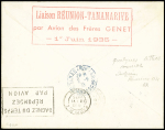 1.6.35 Sainte Marie Tananarive (M4 Réunion) lettre avec petit cachet rect "Premier courrier aérien Ile Réunion France" et au verso grand cachet rect rouge "Liaison Réunion - Tananarive par avion des Frères Genet 1er juin