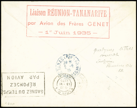 1.6.35 Sainte Marie Tananarive (M4 Réunion) lettre avec petit cachet rect "Premier courrier aérien Ile Réunion France" et au verso grand cachet rect rouge "Liaison Réunion - Tananarive par avion des Frères Genet 1er juin
