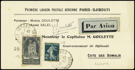 23/25.11.1931 Istres - Djibouti par Goulette et Salel, env spéciale avec signature de Goulette (M295). TB