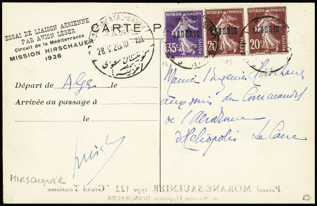 8/26.6.1926 Alger - Le Caire par Hirschauer (M13 Algérie) carte postale spéciale avec signature d'Hirschauer.  RR et TB