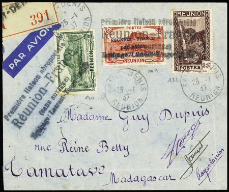 26/1 - 12/2.1937 Première liaison Reunion-France, lettre AFF n°132 + 140 + PA1 avec signatures de Laurent, Touge et Lenier (M Réunion). TB