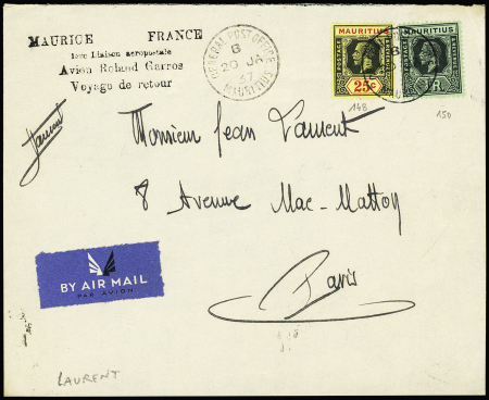 20/1 - 14/2 1937 Maurice France par Laurent (M3 Maurice). 40 plis existants. Rare et TB