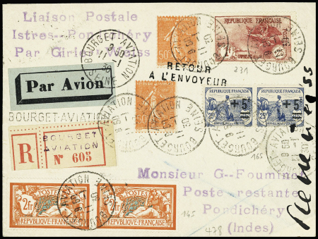 15/28.1.1930 Lettre recommandée avec griffe violette "Liaison postale Istres - Pondichery par Girier - Weiss" avec signature de Pierre Weiss (M 252). TB