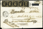 N°3g 20c noir sur fauve, bande de cinq (deux timbres