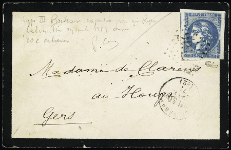N°46Ad 20c bleu outremer, avec deux voisins, obl. GC