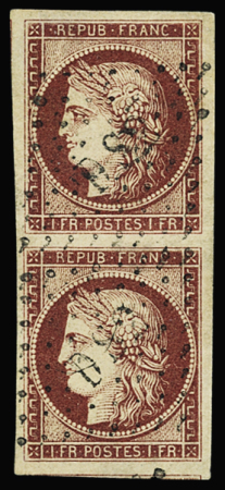 N°6 1f carmin, paire avec belles marges, obl. losange