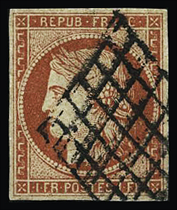 N°7a 1 franc vermillon vif, oblitéré grille, TB, R.