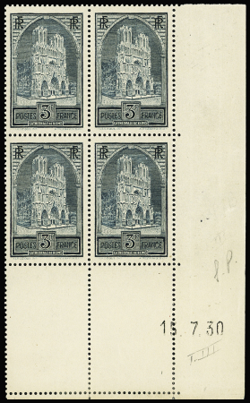 N°259b 3f Reims, type III, bloc de 4 coin-daté 15.7.30,