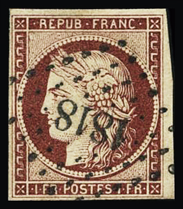 N°6 1f carmin, obl. Petits Chiffres 1818 de Lyon (Rhône),