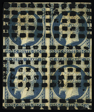 N°10 25c bleu, bloc de 4, obl. gros points, TB. Signé