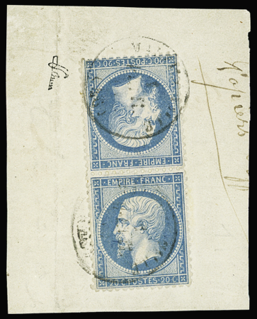 N°22b 20c bleu en paire TETE-BECHE verticale obl. cachet