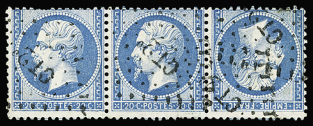 N°22b 20c bleu TETE-BECHE en bande de trois avec variété