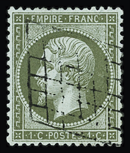 N°19 1c vert-olive, obl. grille, TB, rare