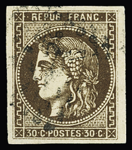 N°47d 30c brun foncé, obl. GC, TB. Signé A.Brun