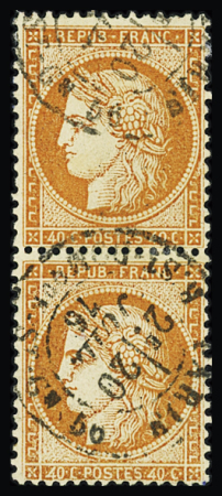 N°38e 4 retouchés en paire avec normal, obl. càd Paris