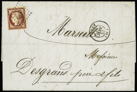 N°6 1f carmin, bien margé, obl. PC 1818 sur lettre