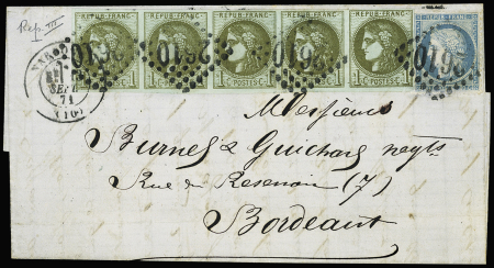 N°39C 1c olive en bande de cinq + n°37 20c Siège (pd)