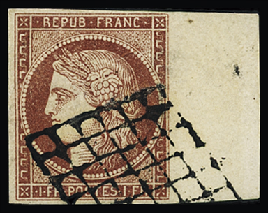 N°6B 1f carmin-brun, bord de feuille, obl. grille propre,