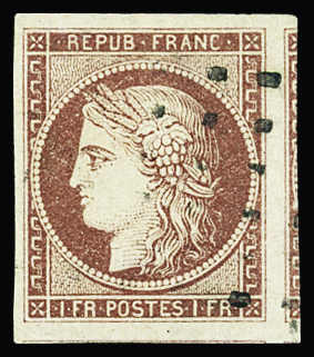 N°6 1f carmin, belles marges avec voisin, obl. gros