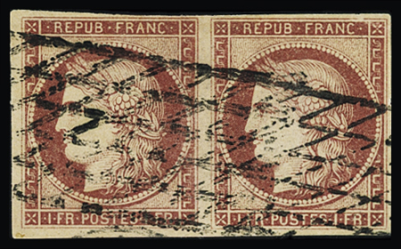 N°6 1f carmin clair, paire bien margée, obl. grille