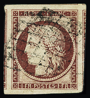 N°6 1f carmin, belles marges avec 4 voisins, obl. grille,