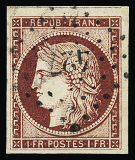 N°6 1f carmin, bien margé avec voisin, obl. PC 427