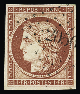 N°6 1f carmin, bien margé, obl. PC 2050 de Mont-sous-Vaudrey