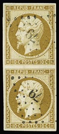 N°9a 10c bistre-brun, en paire obl. PC 79 de Angerville