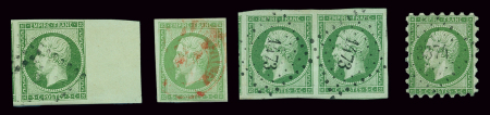N°12 5c vert, sélection de 4 timbres : n°12 bord de