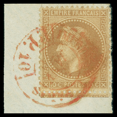 N°28A 10c bistre obl. càd rouge des imprimés, lisible,