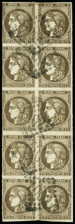 N°47a 30c brun clair, spectaculaire bloc de dix obl.