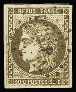 N°47e 30c brun, variété R relié au cadre, obl. ambulant
