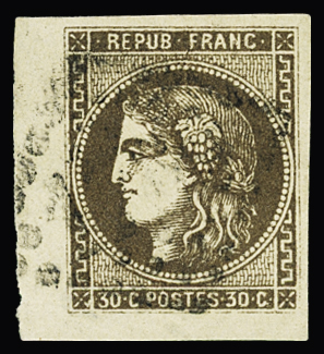 N°47 30c brun, coin de feuille, obl. GC, TB. Signé
