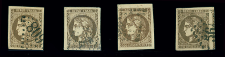 N°47 30c brun, sélection de 4 timbres avec nuances,