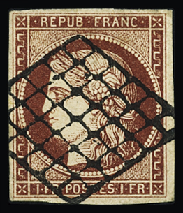 N°6B 1f carmin-brun, obl. grille, TTB. Signé JF.Brun