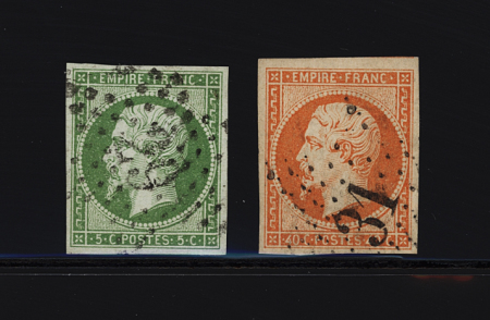 N°12 et 16 5c vert et 40c orange, obl étoile de Paris