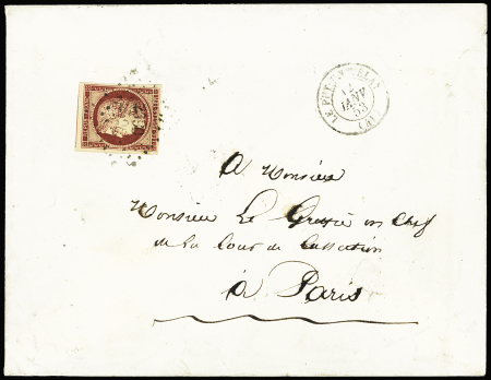 N°6 1f carmin, belle marge avec voisin, obl. PC sur