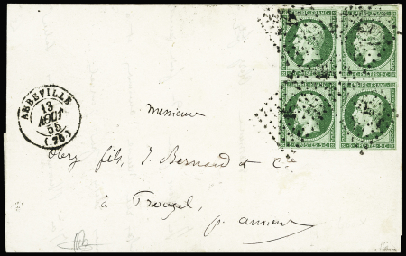 N°12b 5c vert foncé, bloc de 4 bien margé, obl. PC