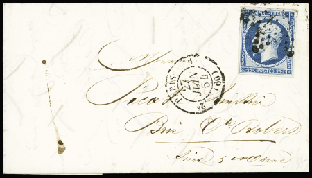 N°15 25c bleu obl. étoile sur lettre de Paris 27.06.1854,