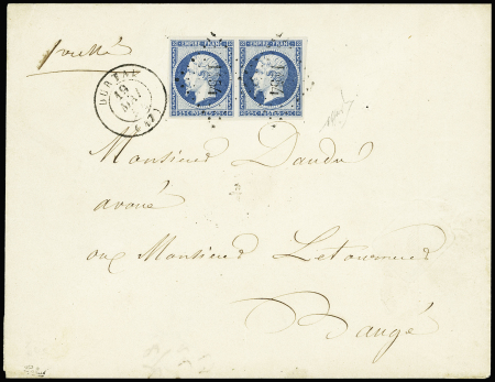 N°15 25c bleu en paire obl. PC sur enveloppe de Durtal