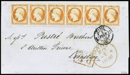 N°16a 40c orange vif, rare bande de six obl. roulette