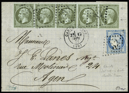 N°19 1c vert-olive en bande de cinq (variété cadre