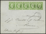 N°20 5c vert, bande de cinq obl. GC sur lettre de Pont-Remy