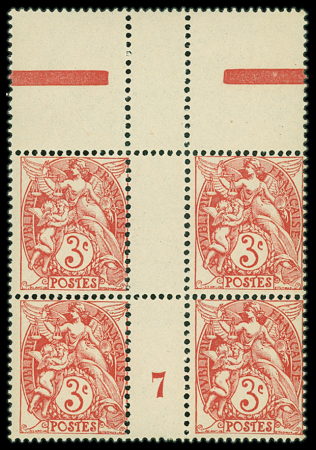 N°109g 3c rouge, millésime 7 dans bloc de 4 interpanneau